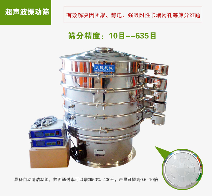 超聲波振動篩具備自動清潔功能,篩面通過率可以增加50%-400%,產(chǎn)量可提高0.5-10倍